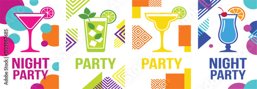 Colorful abstract background with party invitations and cocktail designs for festive celebrations