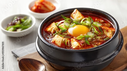 Hearty Korean Soft Tofu Stew With Egg and Kimchi Side Dishes On A Wooden Table