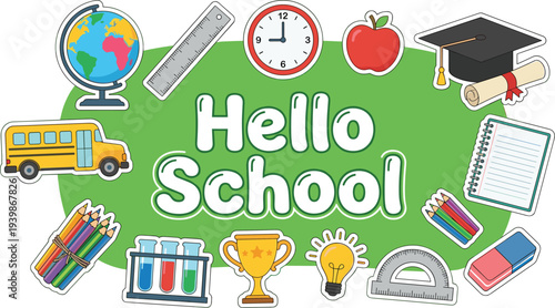 A colorful illustration of school supplies and symbols surrounding the text Hello School on a green background from a direct viewpoint.