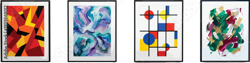 Collection of abstract art pieces showcasing vibrant geometric and fluid designs in modern frames