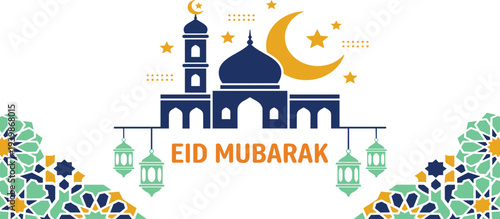 Happy Eid Mubarak Greeting Card with Islamic Mosque, Crescent Moon, Lanterns, and Decorative Patterns