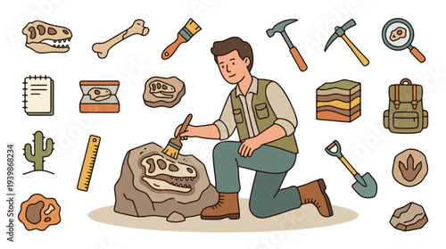 Paleontologist Working on Site with Dinosaur Fossils and Excavation Tools Icons