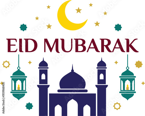A festive graphic design for Eid, featuring a crescent moon, stars, a mosque, and lanterns. Ideal for conveying holiday greetings and celebrating this special Islamic occasion