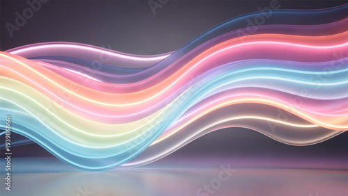 Flowing pastel neon light waves on dark abstract background