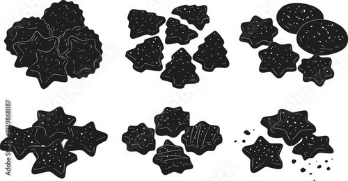 Cookie silhouette vector, festive baked goods design, holiday treat illustration, black white graphic art, cad drawing flat vector illustration