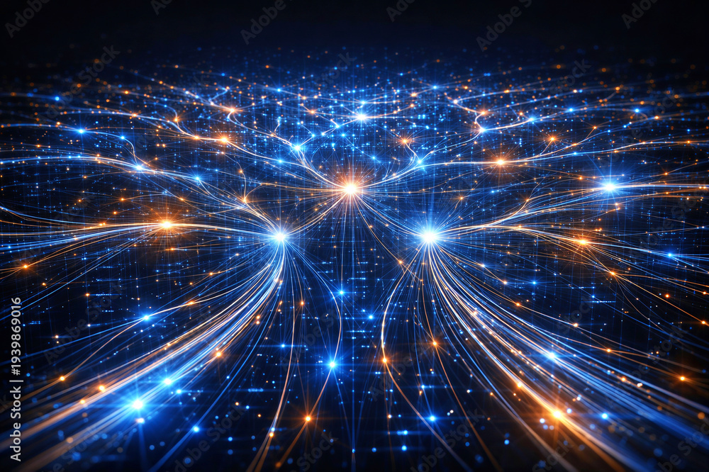 Fototapeta premium Global Digital Data Network Flow Over Smart City Infrastructure at Night