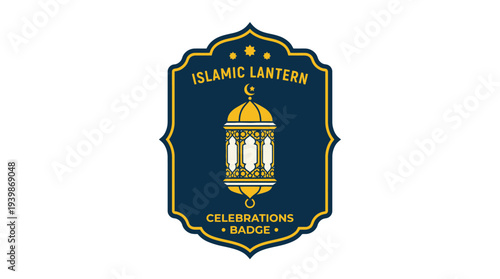 Eid islamic lantern celebrations badge features a stylized golden lantern design, perfect for festive greeting cards and social media posts.