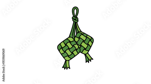 Eid celebration decor with woven ketupat pouches, a traditional malay dish, described with diamond shapes. Perfect for festive designs.