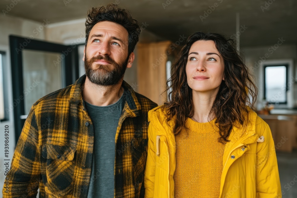 Obraz premium Inspired Couple Looking Up Together in Their Home generated by AI