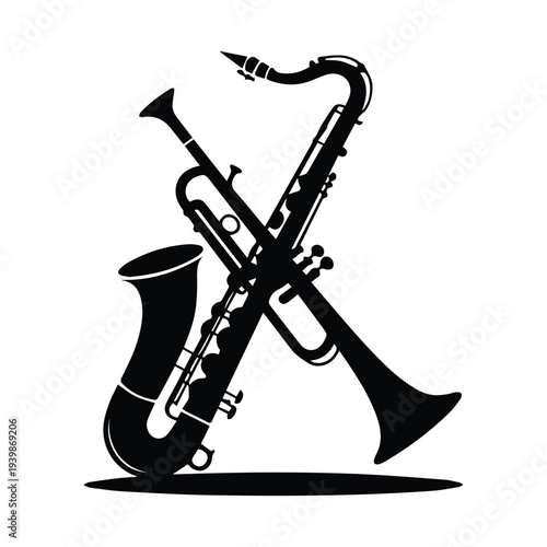 Silhouettes of saxophone, trumpet, and clarinet in elegant musical composition