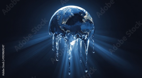 Melting Earth Globe with Icicles and Light Rays - Climate Change Concept.