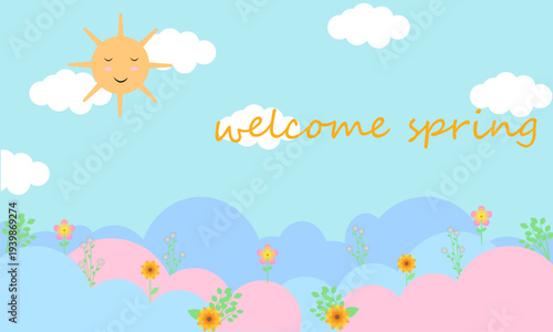 Hello spring banner. Spring season background with floral elements