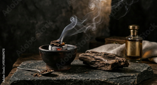 An aromatic setup featuring a smoldering incense burner releasing wisps of smoke, placed on a textured stone slab. The burner contains small pieces of wood or incense. Next to it, a larger piece of wo
