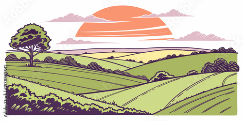 Colorful Sunset Over Rolling Farmland Fields Flat Vector 