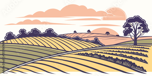 Colorful Sunset Over Rolling Farmland Fields Flat Vector 