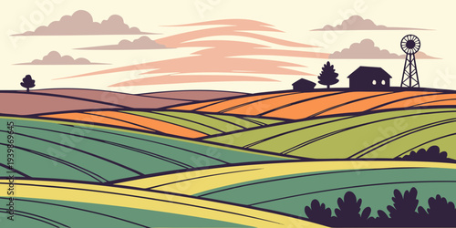 Colorful Sunset Over Rolling Farmland Fields Flat Vector 