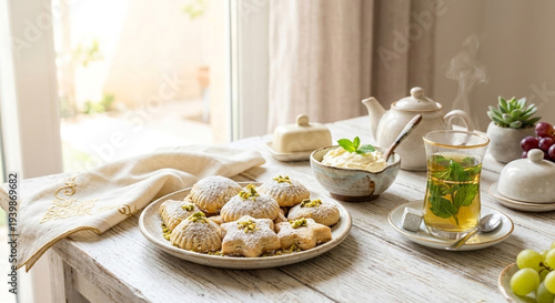  Ramadan special food and drinks items, cookies are arranged in a good way. A neatly arranged table features traditional Ramadan treats. There's a plate of Ma'amoul cookies, dusted with powdered sugar