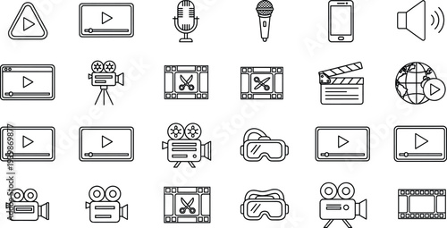 Vector Collection of Video Production and Multimedia Line Icons Featuring Cameras Microphones Film Strips and Virtual Reality Goggles Isolated on White Background
