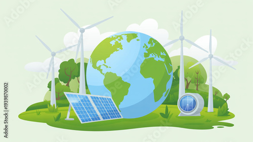 Vector eco-friendly earth with solar panel and wind turbines