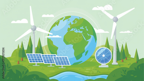 Vector eco friendly environment illustration with renewable energy sources
