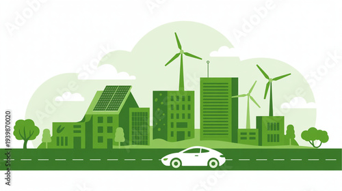 Vector illustration of eco-friendly cityscape with wind turbines and green buildings