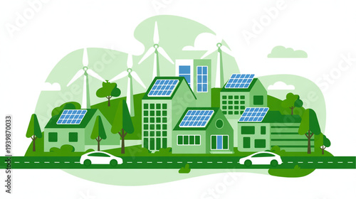 Vector illustration of eco-friendly suburban neighborhood with solar panels and wind turbines