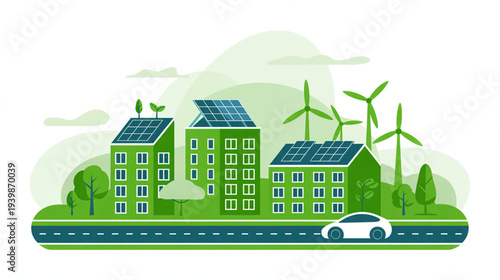 Vector illustration of eco-friendly city with solar panels and wind turbines