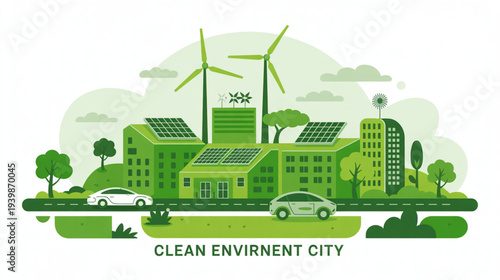 Vector illustration of a clean environment city with green buildings and renewable energy