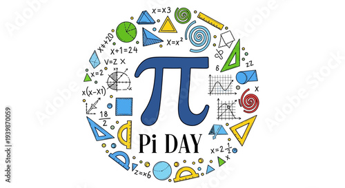 Colorful Pi Day design with mathematical symbols and illustrations on a white background, celebrating mathematics awareness and STEM education.