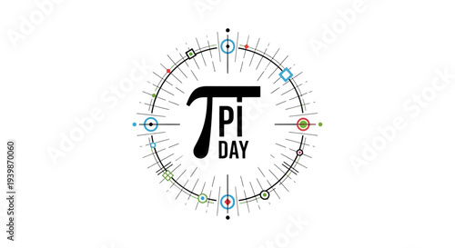 A colorful Pi Day design featuring the mathematical constant pi symbol and various geometric elements on a white background with a mix of bright, multicolored lines and circles.