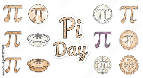 Illustration of Pi Day design with mathematical symbols and pie elements in a colorful, celebratory graphic.