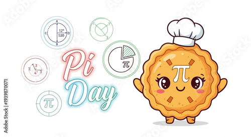 Illustration of a smiling pie character wearing a chef hat on Pi Day with mathematical symbols and colorful text in a playful design.