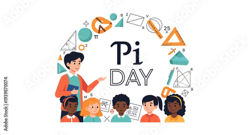 Illustration of a teacher and students celebrating Pi Day with math symbols and geometric shapes in a colorful design.
