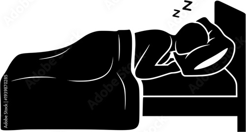 Person sleeping peacefully in bed side view vector silhouette illustration, comfortable night rest and healthy sleep lifestyle concept
