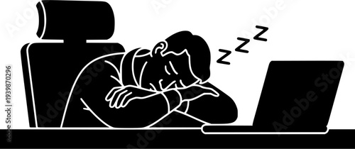 Exhausted office worker sleeping at desk with laptop vector silhouette illustration, workplace overtime burnout and deadline pressure concept