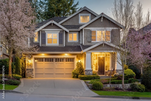 Suburban Dream Home - Twilight Glow Illuminates a Two-Story House with Blossoming Trees.