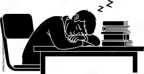 Student sleeping on books at study table vector silhouette illustration, academic stress and exam preparation fatigue concept