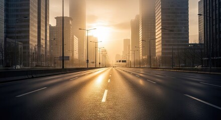Sunrise Over Modern Cityscape with Tall Skyscrapers and Empty Urban Road