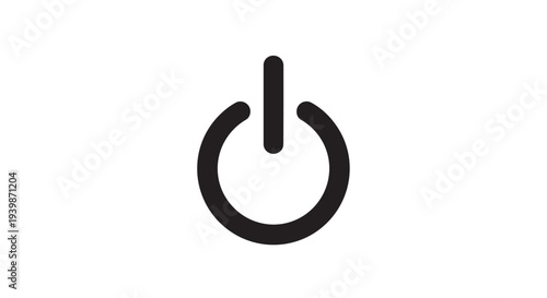 Universal power button symbol featuring a vertical line bisecting a circular arc is displayed prominently against white.