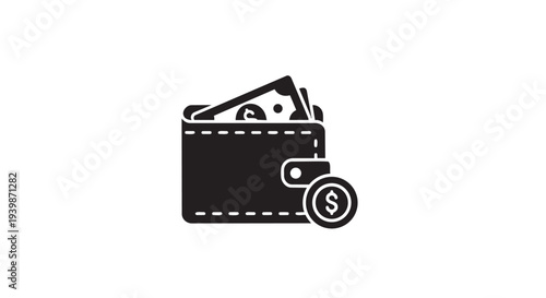 Wallet icon filled with cash and a coin signifies personal finance, payment, savings, and monetary transactions.