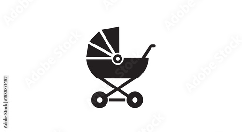 Classic baby carriage silhouette represents infant transportation and parental care accessories.