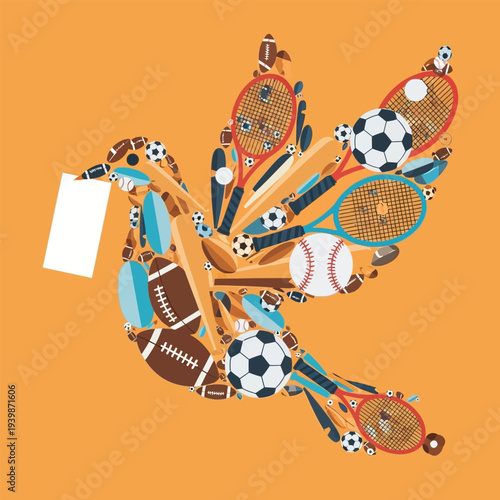 Dove composed of sports equipment bringing peace and understanding