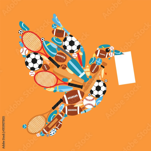 Dove composed of sports equipment holding a blank paper