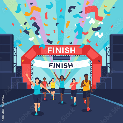 People crossing finish line after marathon, winning the race