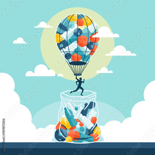 Man jumping out of a jar full of pollution into a balloon