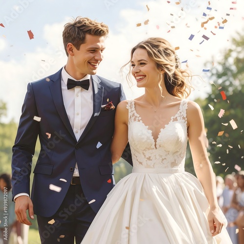 A joyful wedding couple walking under confetti on a sunny day