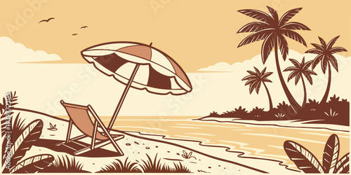 Vintage Summer Beach Chair and Umbrella Flat Illustration 