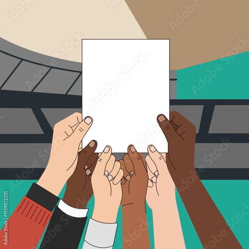 Hands of diverse cultures holding up a white paper, collaboration