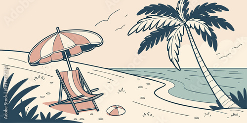 Vintage Summer Beach Chair and Umbrella Flat Illustration 