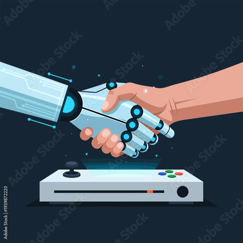Robot and Human Handshake over a Controller Signifying AI and Gaming